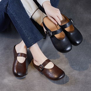 Genuine Leather Round Head Half Baotou Half Slippers with Mary Jane Women's Spring and Summer Outfit Lazy Birkenmuller Sandals