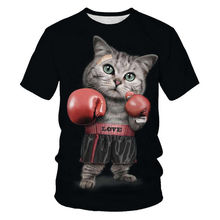 夏季新款動物可愛貓咪圖案3D數碼印花時尚潮流圓領男女T恤短袖