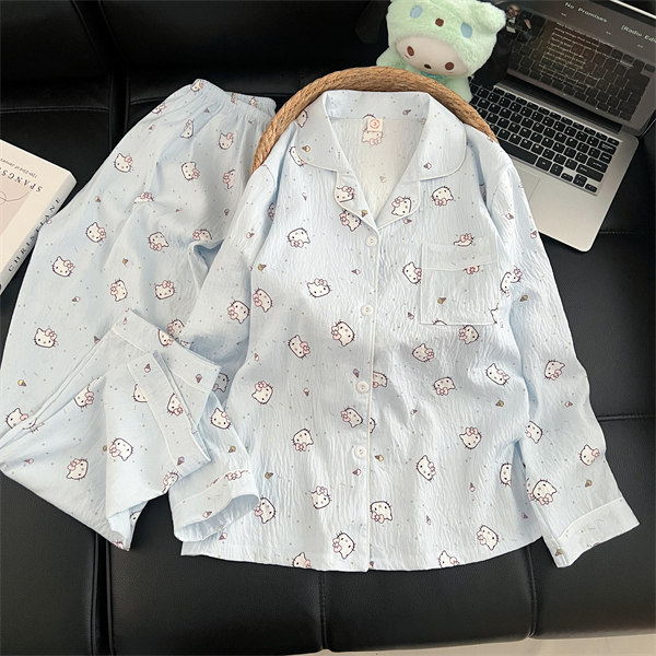 Al por mayor transfronterizo 2026 nuevo pijama de mujer nubes de algodón pantalones de manga larga cardigan con solapa de dibujos animados ropa para el hogar se puede usar fuera