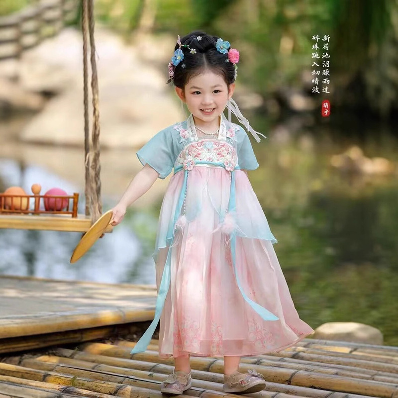 女童汉服襦裙夏季宝宝中国风古装短袖超仙刺绣薄款女童国风连衣裙|undefined