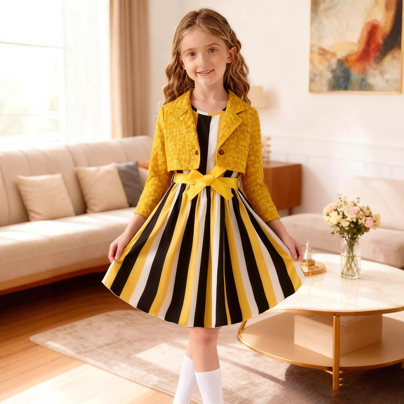 Girls Suit Skirt Spring & Fall Yellow Jacquard Small Suit Jacket Stripesd Bow Dress Princess Dress