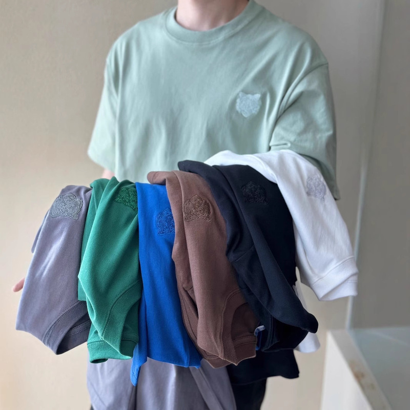 New 260g cotton heavy weight tiger head embroidery men's short sleeve T-shirt summer clothes loose casual youth half sleeve