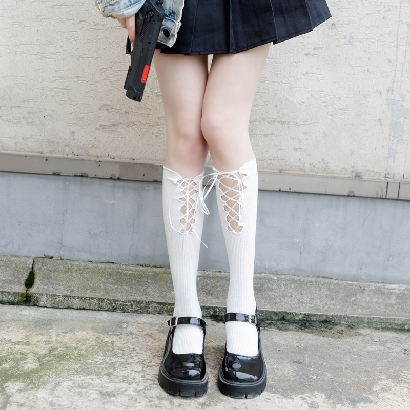 Calcetines con cordones de mujer delanteros y traseros Negro Blanco JK calcetines de media pantorrilla estilo universitario sexy calcetines de pantorrilla de moda con forma de pierna