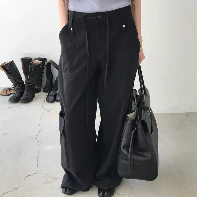 Xh Korean-Style High-Waisted Slim-Fit Cargo Pants with Side Pockets and Drawstring, Dongdaemun Autumn New Solid Color Casual Pants