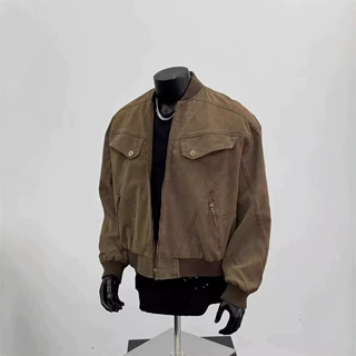 美式复古咖色外套男潮高级感古着vintage哈林顿夹克工装皮衣男潮