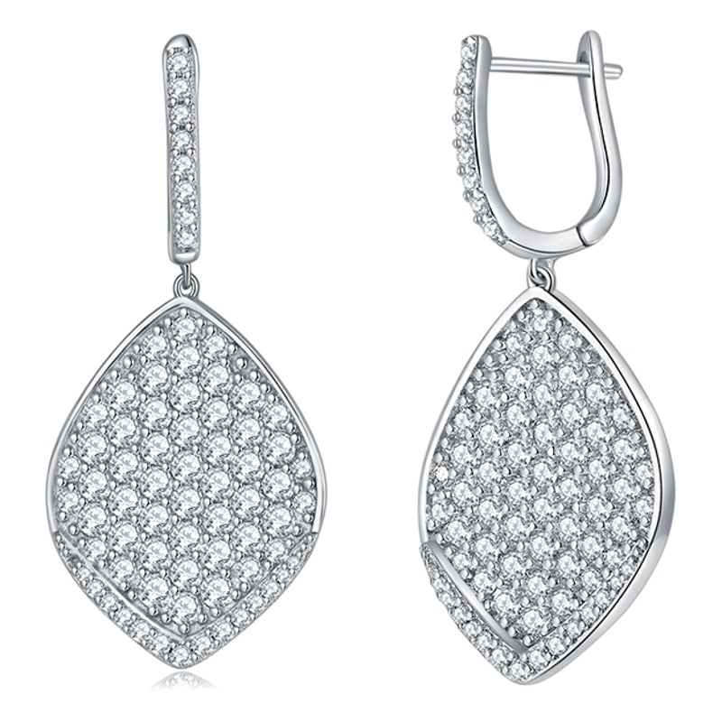 Amazon Venta caliente geométrica hojas completo diamante redondo diamante S925 plateado 18K oro pendientes de mujer Venta caliente