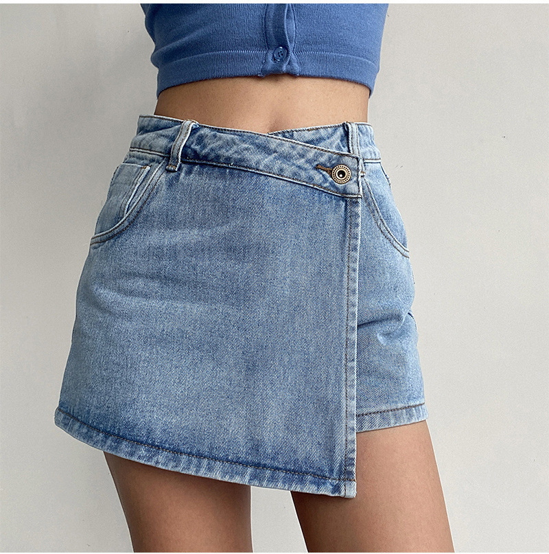 European and American 2025 Summer New Fashion Solid Color Faux Two-Piece Pocket Stylish High-Waisted Versatile Denim Shorts for Women