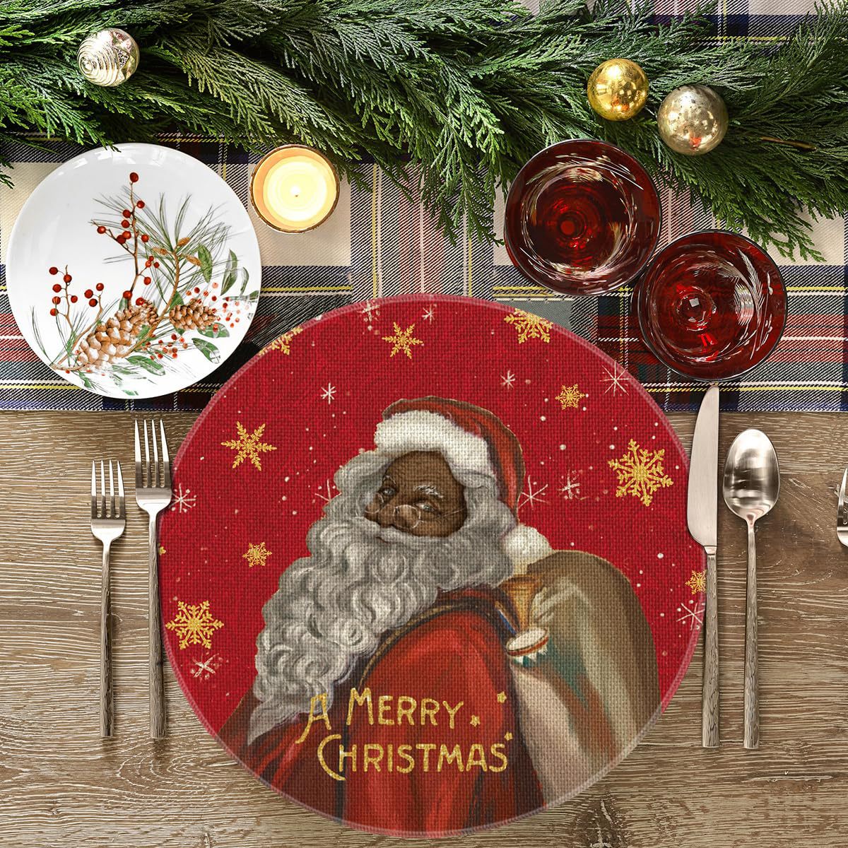 Ronda Navidad Lino placemat camino de mesa vacaciones árbol de Navidad muñeco de nieve tela placemat lavable decorativo diseño estera