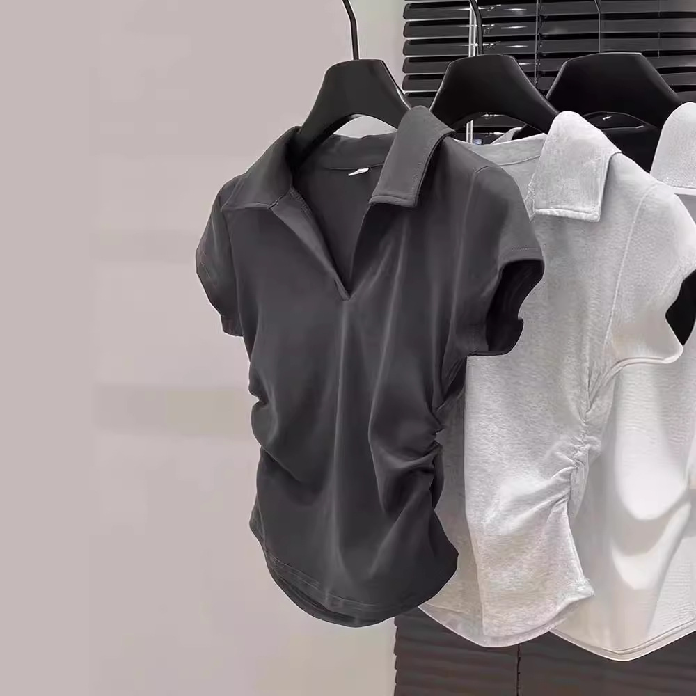 Women's Clothing Slim Fit Polo Collar Top Short Sleeve Ruched V Neck Grey T-Shirt Stylish Fitted Hot Girl Look Summer_voghion.com