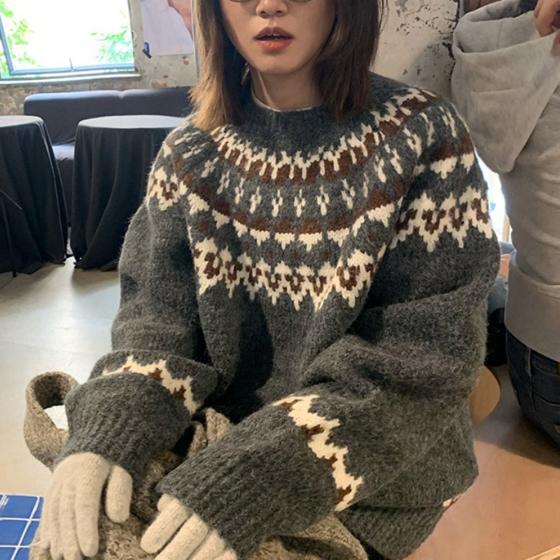 2025秋冬新作 フレンチヴィンテージ風 フェアリーアイランドジャカード カラーブロックストライプニット ラウンドネック 万能セーター レディース 厚手|undefined