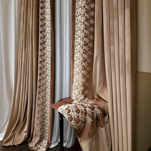 French-Style Coffee-Colored Velvet American 2025 New Light Luxury Embroidered Lace Curtains for Living Room, Bedroom, and Villa High-End