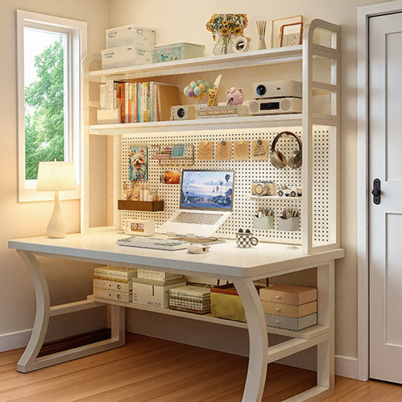Solid Wood Desk Computer Desk Bookshelf Integrated Home Bedroom Desk Student Learning Writing Desk with Hole Board