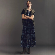 2025冬季新款印花时尚A字长裙女跨境韩版高腰碎花裙透气连衣裙美