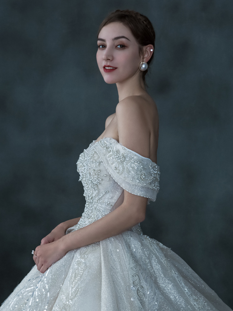 Abbigliamento donna Abito da sposa principale sposa monospalla temperamento coda lunga foresta fata sogno copertura braccia spesse coda piccola_voghion.com