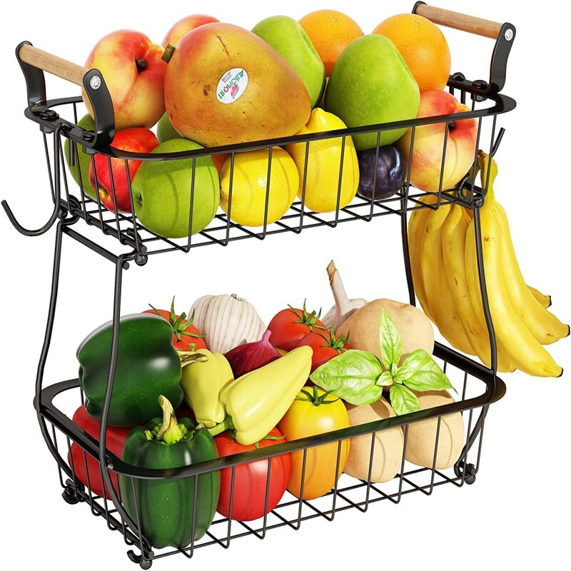 Two-layer wooden handle fruit basket with banana hook bathroom finishing storage rack single-layer can be used independently in stock