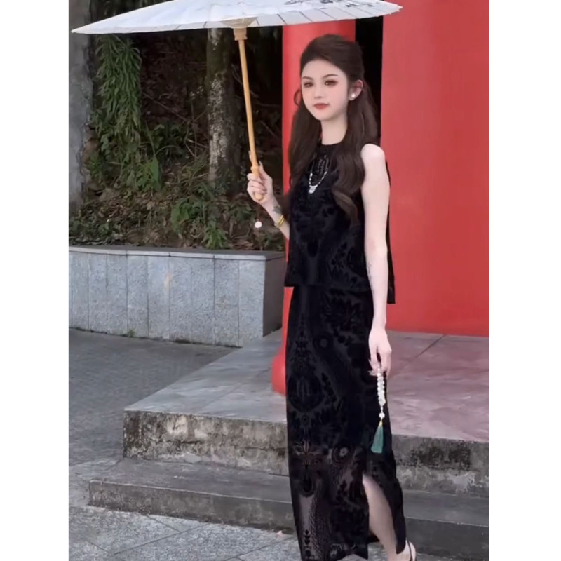 时尚套装裙女2025夏新款百搭文艺范无袖上衣开叉半身裙两件套|undefined