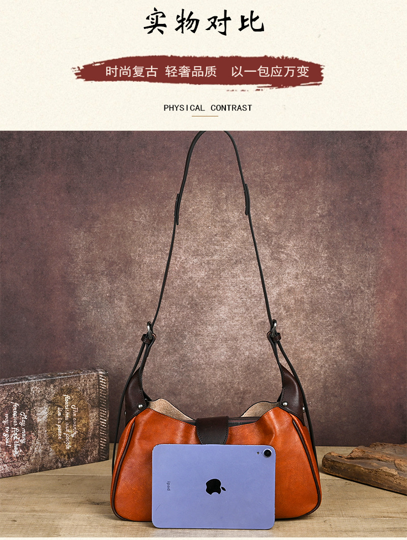 Túi đeo chéo nữ da bò thật vintage, kiểu dáng ôm sát nách — Vàng cổ điển, Màu xanh cổ điển, Nâu cổ điển, Xám đen cổ điển chi tiết 11