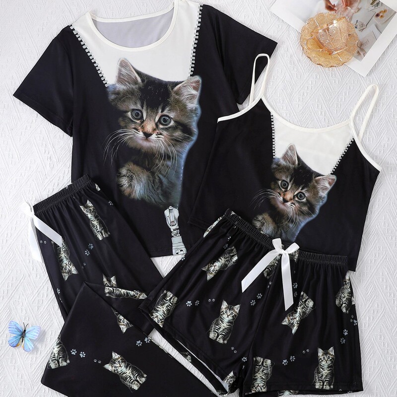 New Cross-Border Foreign Trade Women's Pajamas, Printed Round Neck Short-Sleeved Camisole, Shorts, Long Pants Four-Piece Set, European and American Style Loungewear