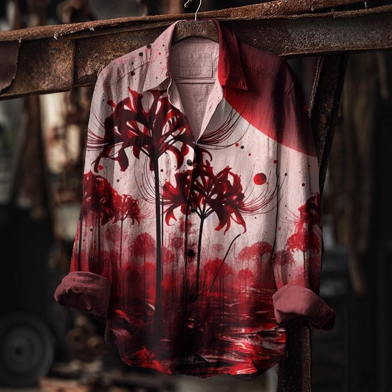 2025 New Summer Export Cross-Border Men's Day of the Dead Skull and Crow Print Casual Long-Sleeved Shirt