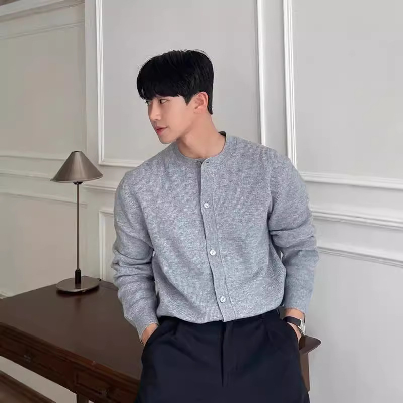 Korean Style Laid-back Style Solid Color Crewneck Sweater Jacket Men's Autumn and Winter Knitted Cardigan All-match Inner Base Shirt Top
