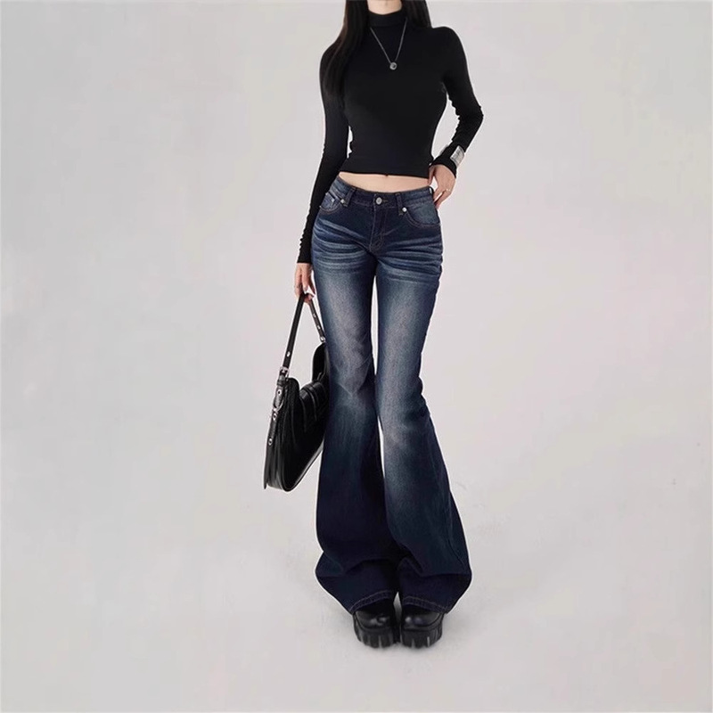 Petite Dark Blue Flared Jeans for Women, American Retro Style, Low Elasticity, Slim Fit, High-Waisted Bell-Bottom Pants