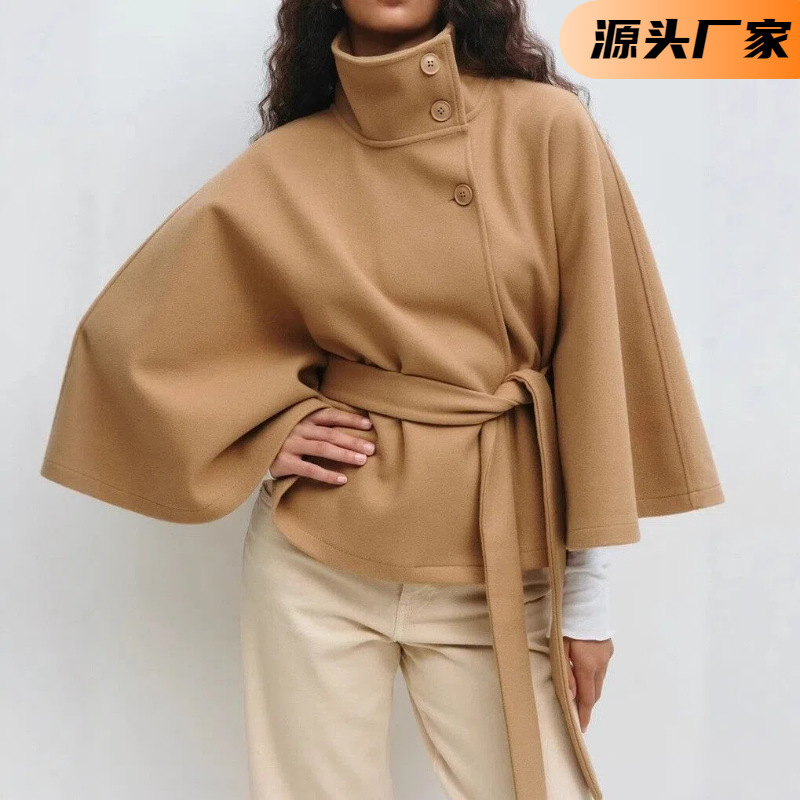 European and American Women's Autumn and Winter New Amazon Fashion Solid Color Cape Stand Collar Button Woolen Belt Trench Coat Jacket