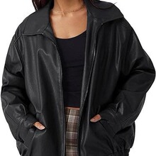 女式秋季超大夹克,皮革人造摩托车加大码机车外套
