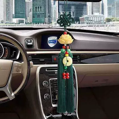 Car hanging jade lotus car rearview mirror - yellow-lotus-car-hanger-green-tassel