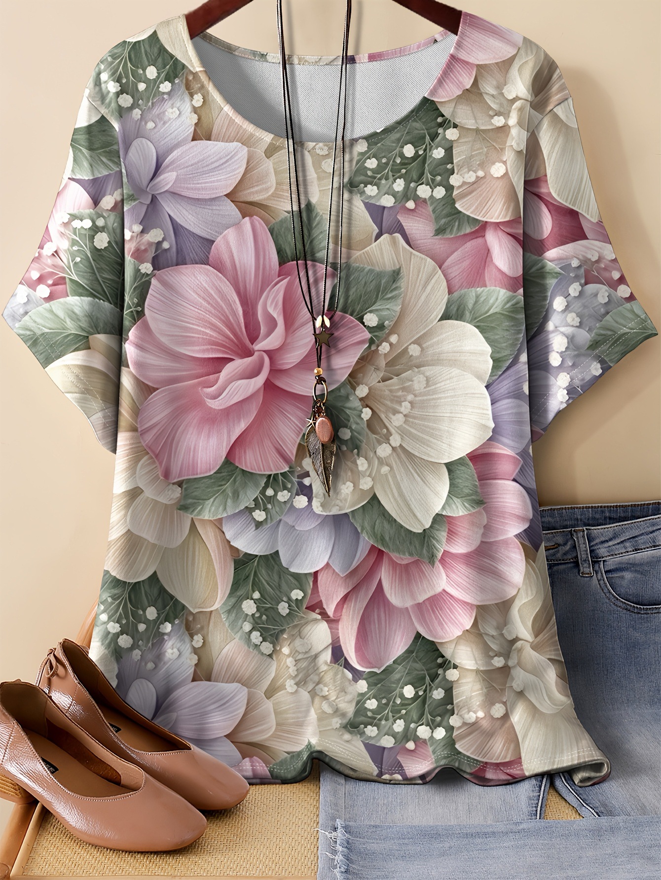 Floral & Crow Print Oversized T-Shirt – Soft Milk Silk Blend Short Sleeve Tee Unisex Oversized Cut_ecoleips.com