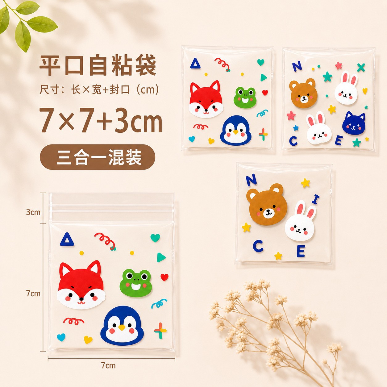 Bolsa autoadhesiva de dibujos animados para hornear embalaje bolsa de autosellado bolsa de galletas bolsa de bocadillos bolsa de dulces 7*7 + 3/100 piezas
