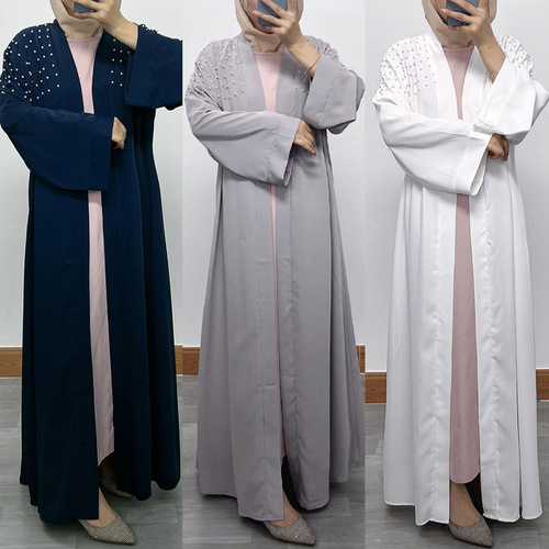 F949 Women's Long Dress Abaya, Middle Eastern Dubai, Pearl-embellished, Plus Size Open Cardigan Robe