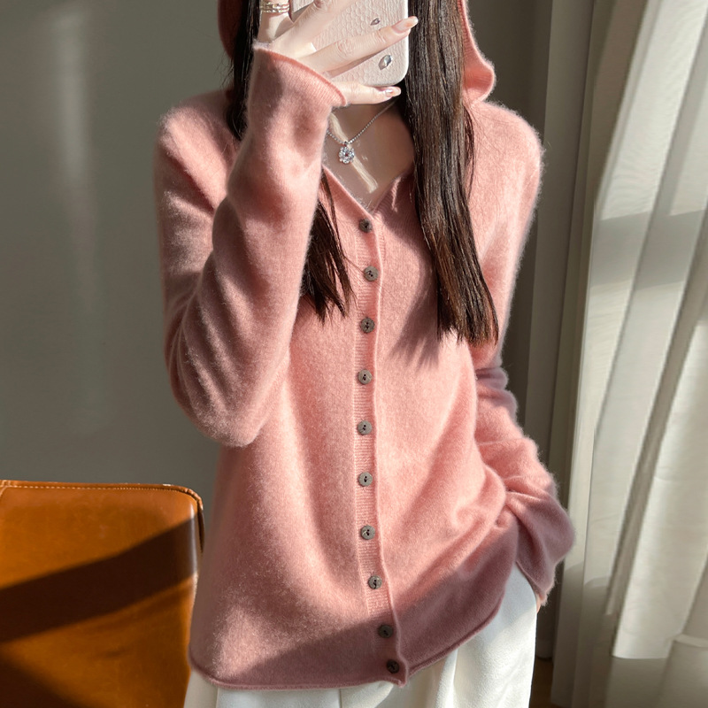 Loose Wool Hooded Cardigan with Seamless Craftsmanship, Soft and Cozy Pink Knitwear, Wholesale Price for Spring