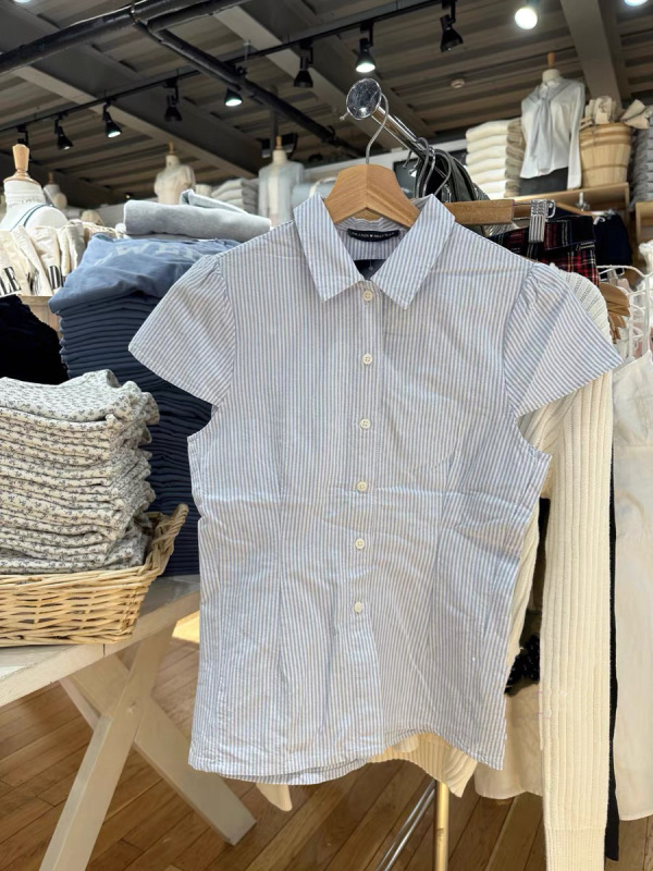 BM Style New Lapel Striped Flying Sleeve Short-sleeved Shirt Women's BM Slim-fit Slimming All-match Age-reducing Shirt