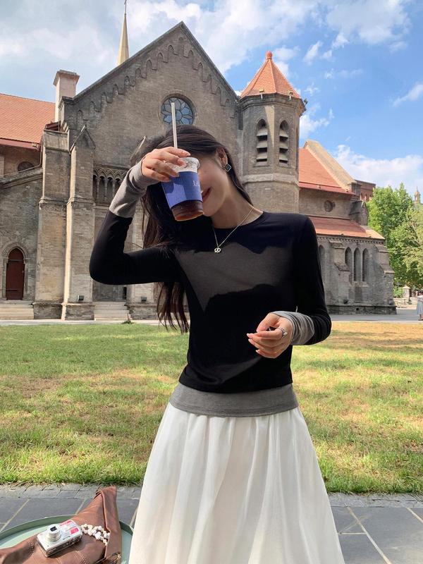 pusumede 反转美学 假两件拼接T恤女长袖设计感针织内搭打底上衣|undefined