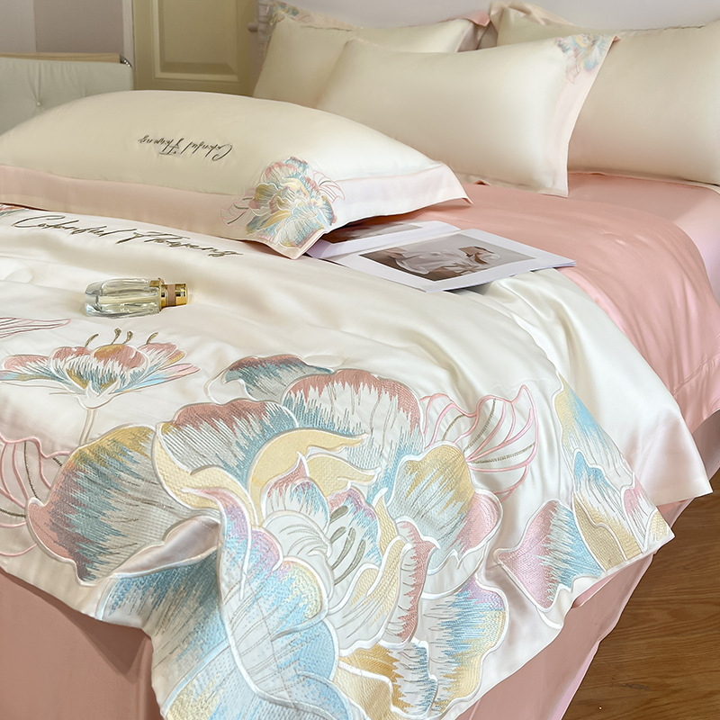 Edredón fresco de verano, ropa de cama de cuatro piezas, seda de hielo, sueño desnudo, lujo ligero, edredón de alta calidad, sábanas, juego de tres piezas 4