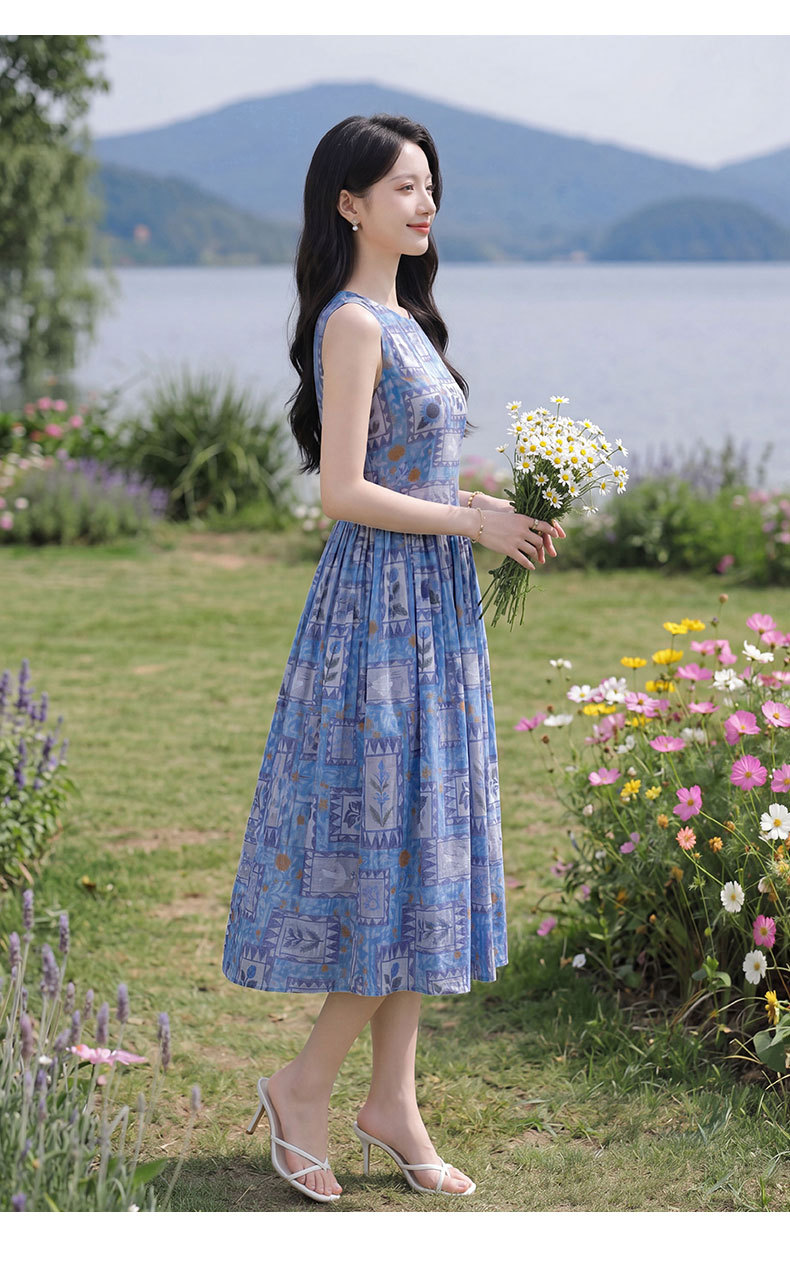 Đầm maxi nữ họa tiết hoa nhí không tay cổ tròn dáng suông thắt eo — Màu ảnh chi tiết 13