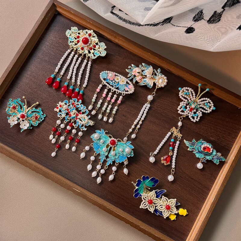 New Chinese-Style Butterfly Enamel Exquisite Hairpin Hanfu Ming-Style Half-Tied Hair Side Clip Retro Duckbill Clip Hair Accessory