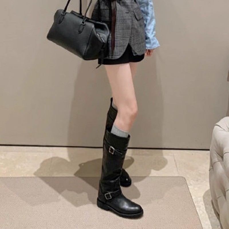 牛皮版~韩版不过膝长靴女秋冬新款圆头厚底高筒靴百搭显瘦骑士靴|undefined