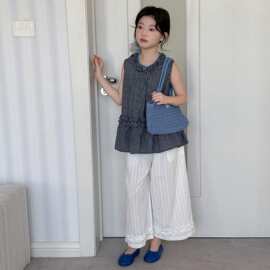 女童夏款韩版格子无袖上衣两件套2026新款夏季女孩时尚阔腿裤套装