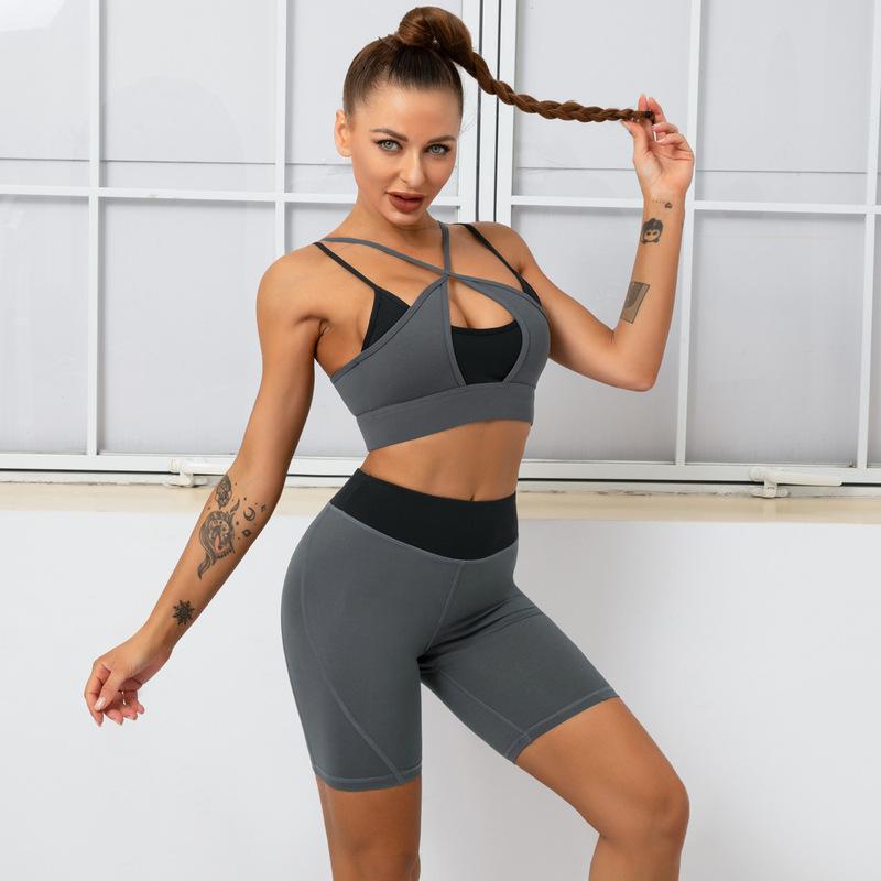 wrap chest high waist sling hip-lifting high-elastic color matching bra and shorts yoga suit NSNS131744