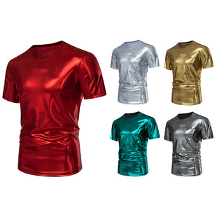 2025 Amazon Men's Party Stage Glossy Short Sleeve Round Neck T-Shirt Stage Style T-Shirt