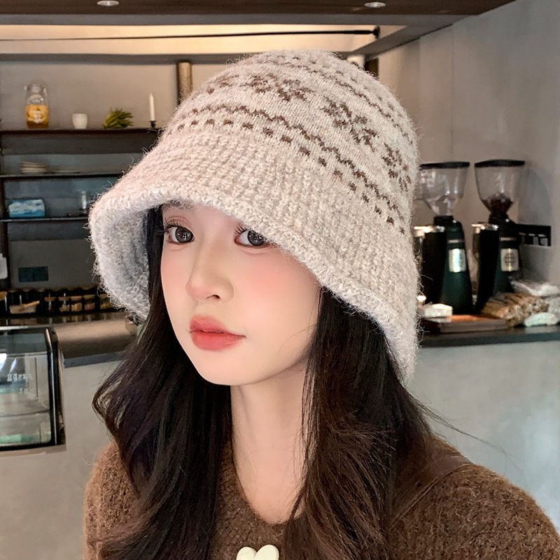 秋冬日系复古渔夫帽子女雪花针织盆帽加厚保暖百搭显脸小毛线帽潮|undefined