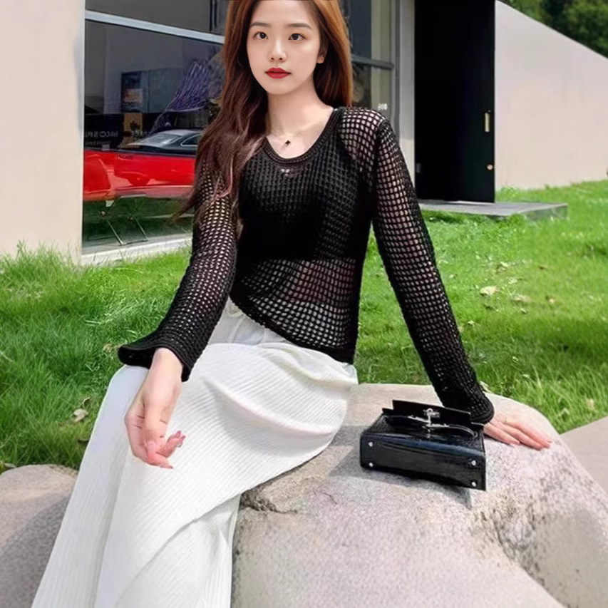 Spring and Summer Hollow Knitwear Women's 2025 New Thin Round Neck Long Sleeve Loose Pullover All-match Top Fashion Blouse