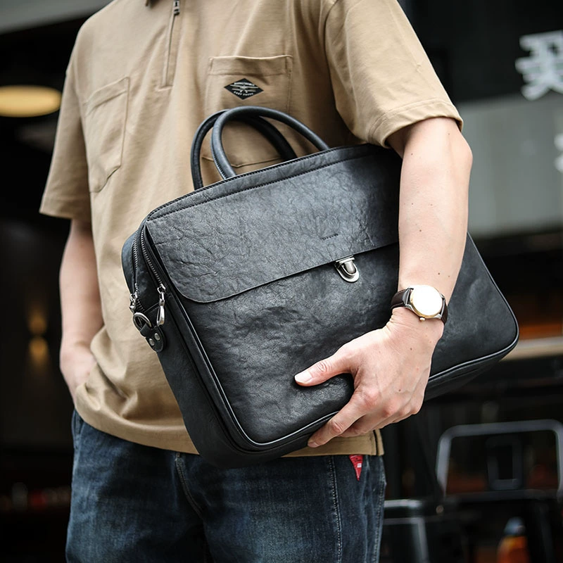 Elite black handheld capacious laptop for documents, genuine leather, business version
