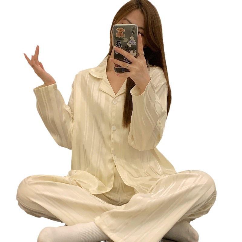 Pijama jacquard de manga larga mujer 2026 primavera y otoño red de hielo dos piezas se puede usar fuera conjunto de ropa de casa