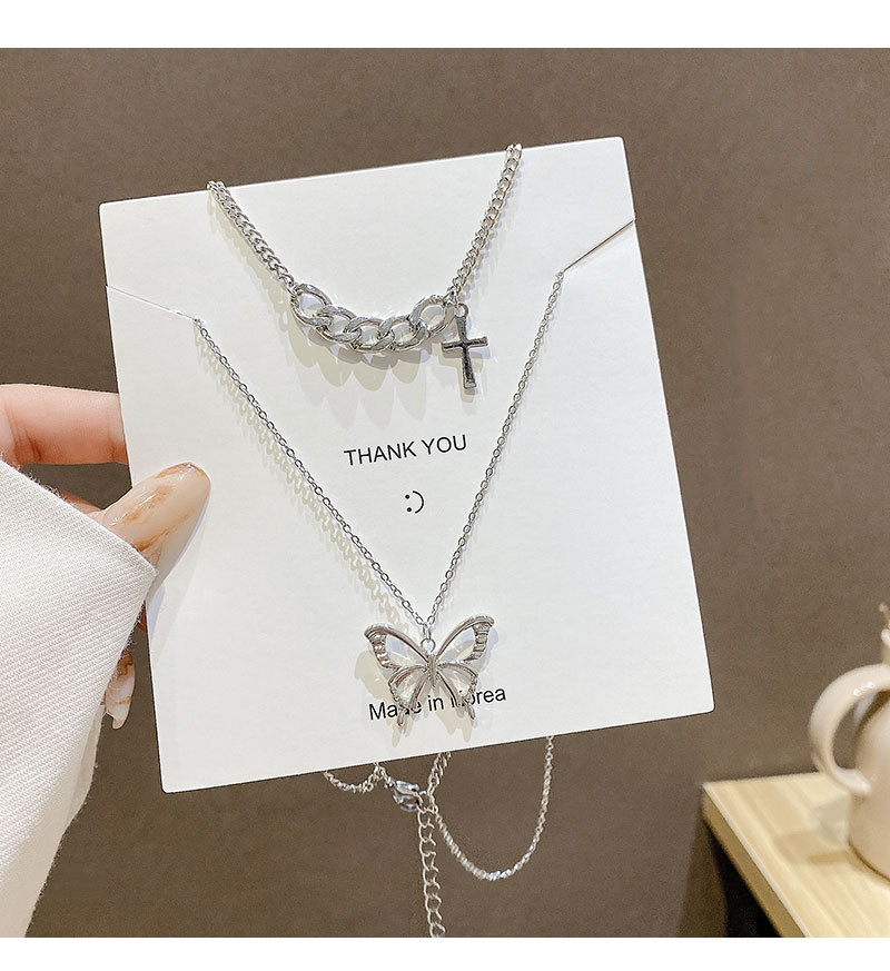 Korean Style Trend Double-layer Butterfly Necklace Female Niche Design Cross Sweater Chain display picture 7