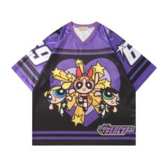 アメリカンレトロ漫画スポーツジャージVネック半袖Tシャツ男性と女性用、ルーズステッチカップルデザインカジュアルトップ