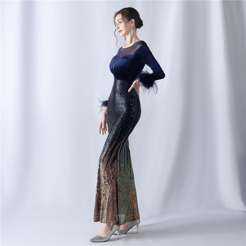 Women's gradient beaded diamond velvet high-end evening dress_voghion.com