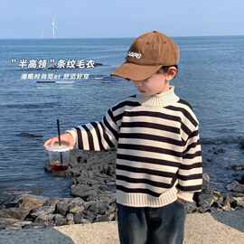 女童毛衣高领秋冬季男童加厚条纹内搭儿童宝宝针织打底加绒毛线衣