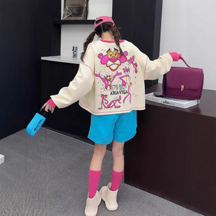 Real Shot Spring plus size Lazy Style Fashion Graffiti Cartoon Leopard Loose Casual Small Short Sweatshirt Women